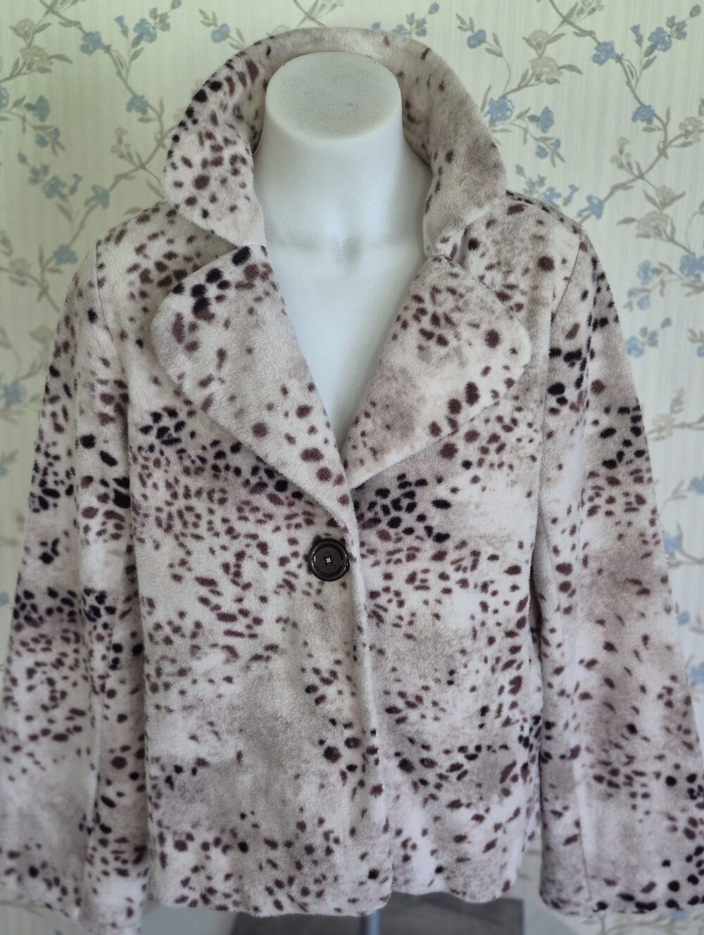 Susan Graver Taupe and Brown Spot Print Faux Fur Jacket